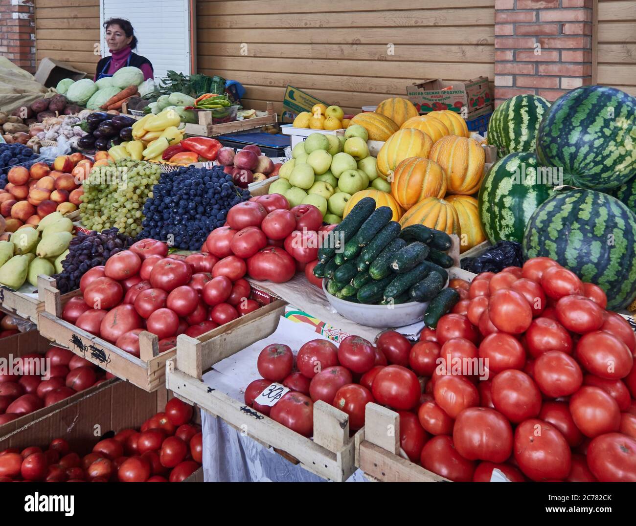 Russia, Astrakhan Oblast.   Various Fruits And Vegetables For Sale At Market Stall  the city of Astrakhan Stock Photo