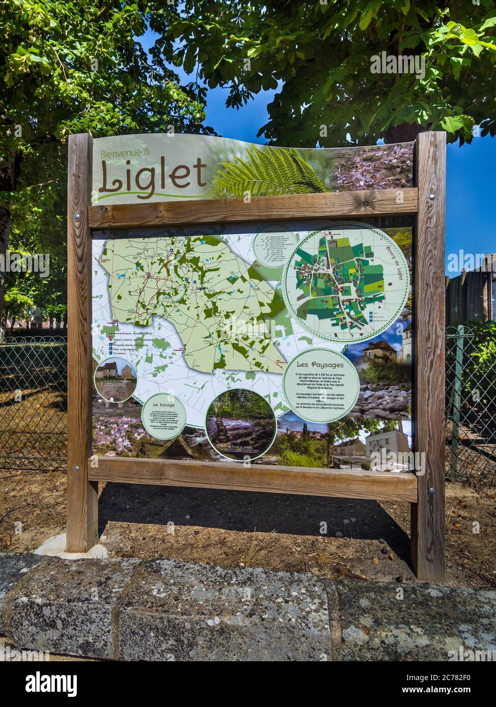 Town centre information board describing locality and attractions - Lignac, Vienne (86), France. Stock Photo
