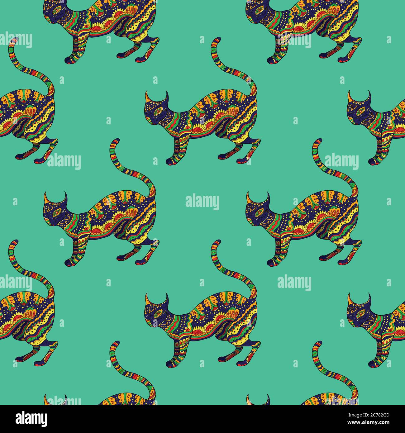 Seamless pattern with ornamental psychedelic cat, Stock Vector