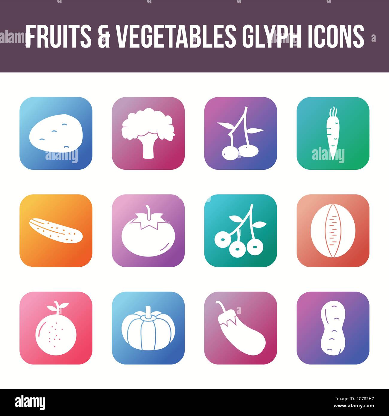 Unique fruits & vegetables vector glyph icon set Stock Vector