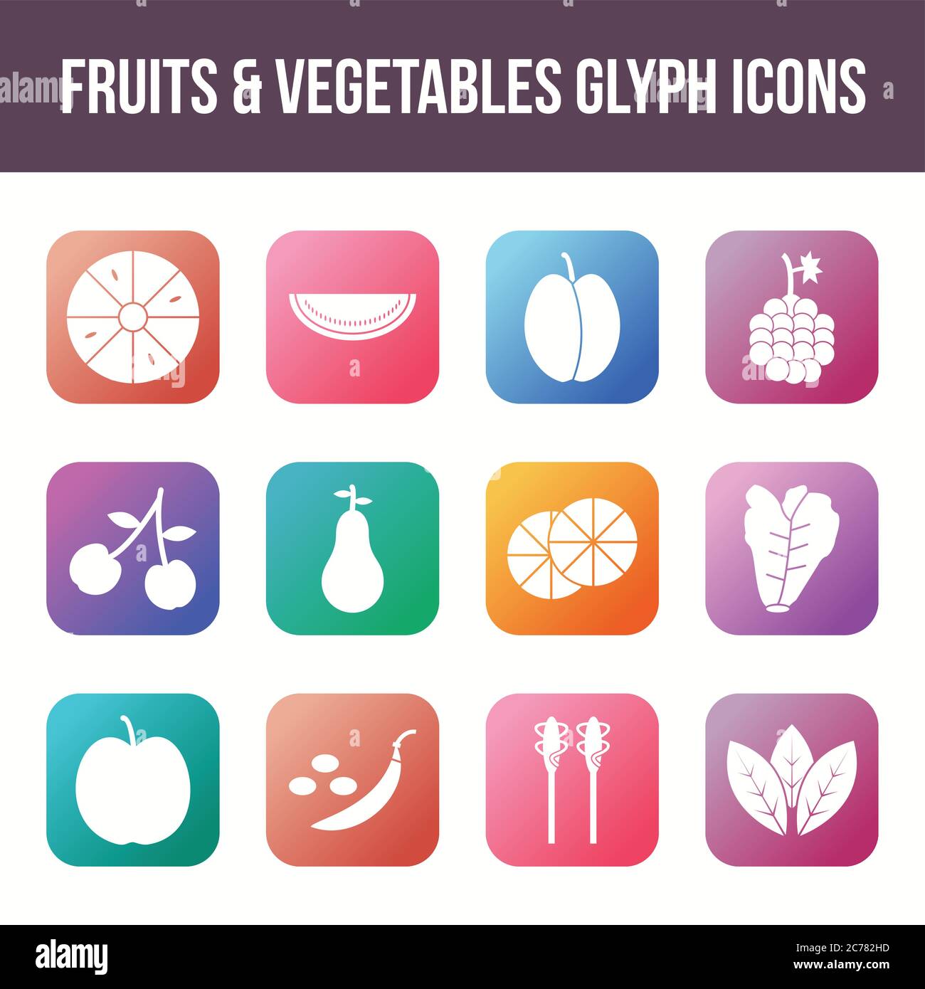 Unique fruits & vegetables vector glyph icon set Stock Vector