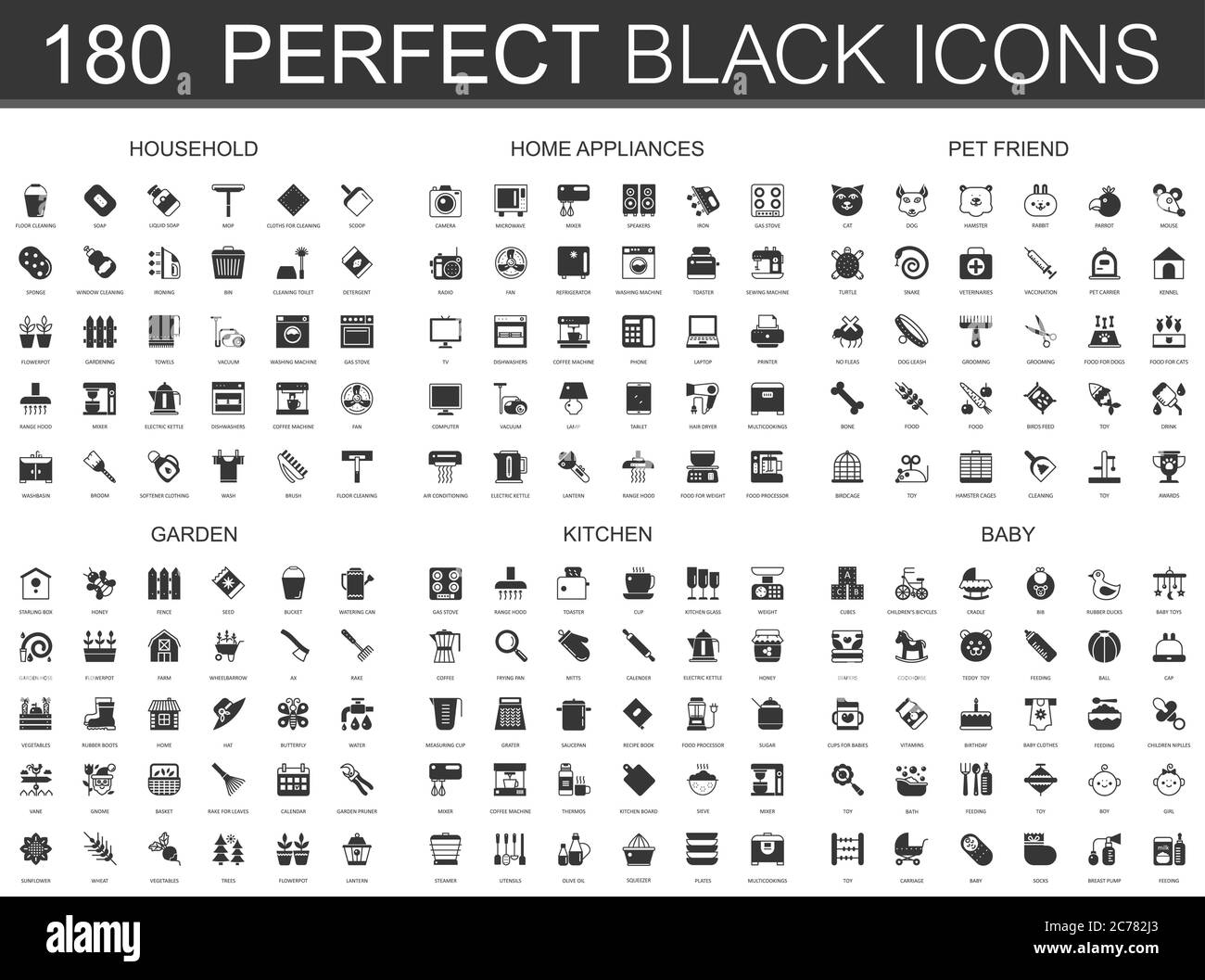 Household, home appliances, pet friend, garden, kitchen, baby black mini icons concept symbols. Modern vector icon pictogram Stock Vector
