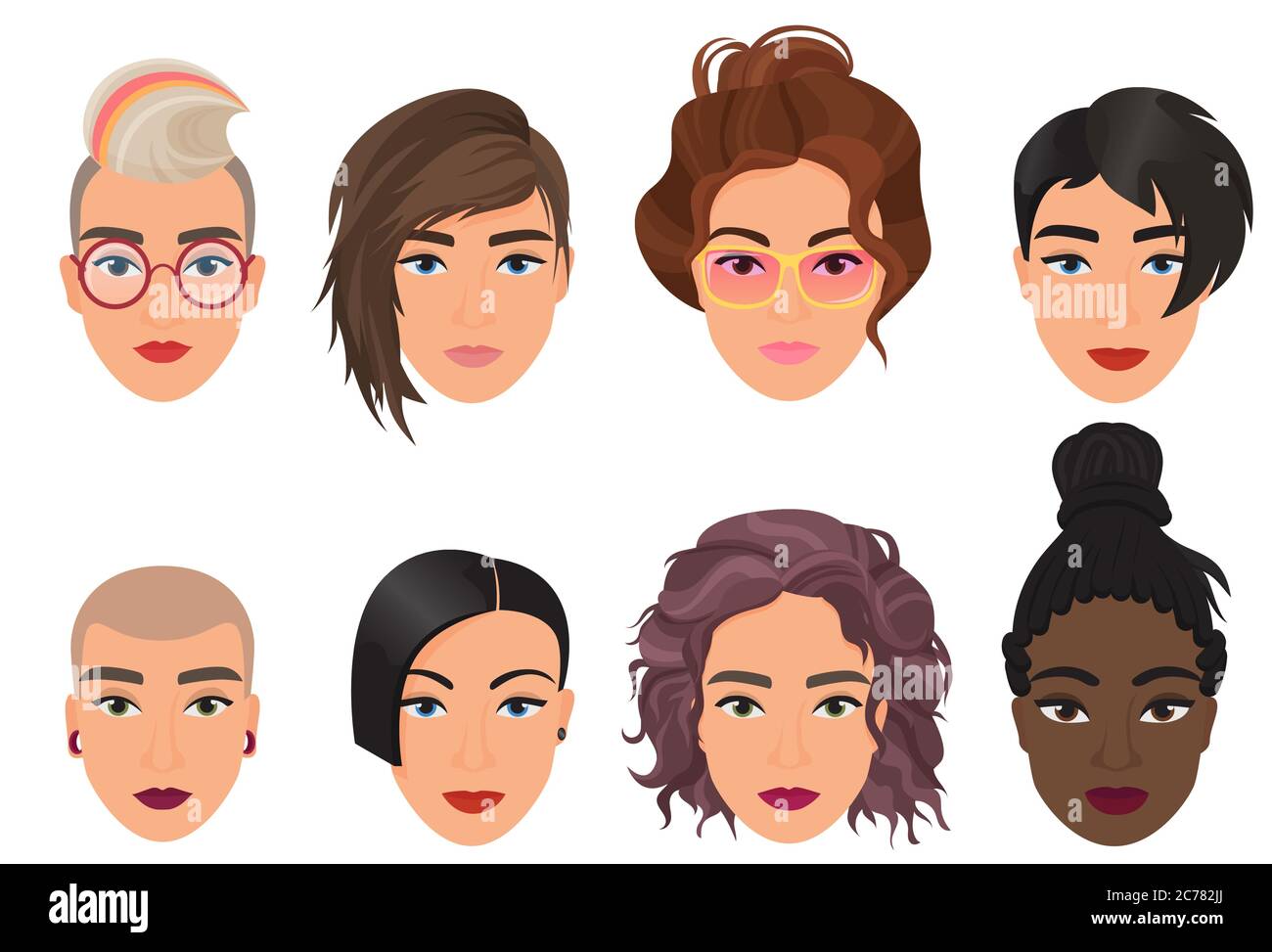 Woman female avatar set vector illustration. Modern multiethic beautiful young girls portrait with different fashion hair style Stock Vector