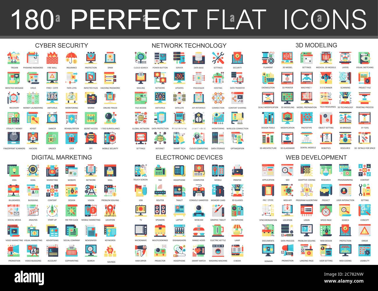 180 vector complex flat icons concept symbols of cyber security, network technology, web development, digital marketing, electronic devices, 3d modeling icons. Web infographic icon design Stock Vector
