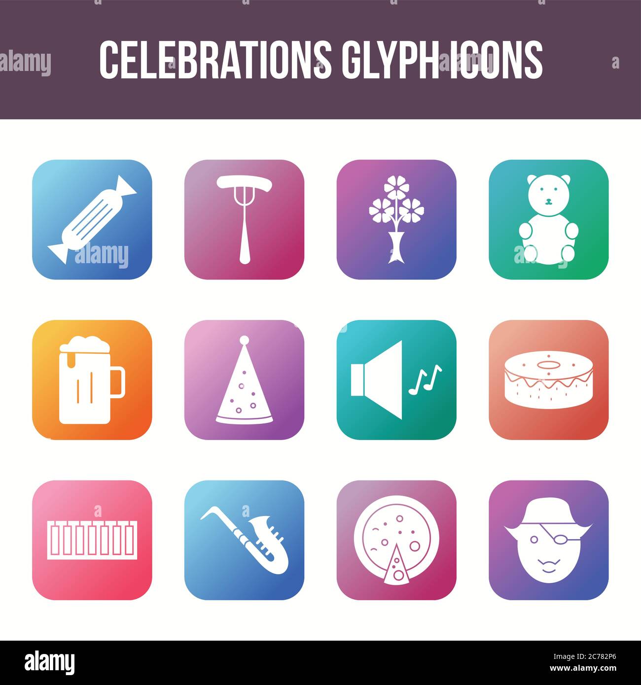 Unique celebration vector glyph icon set Stock Vector