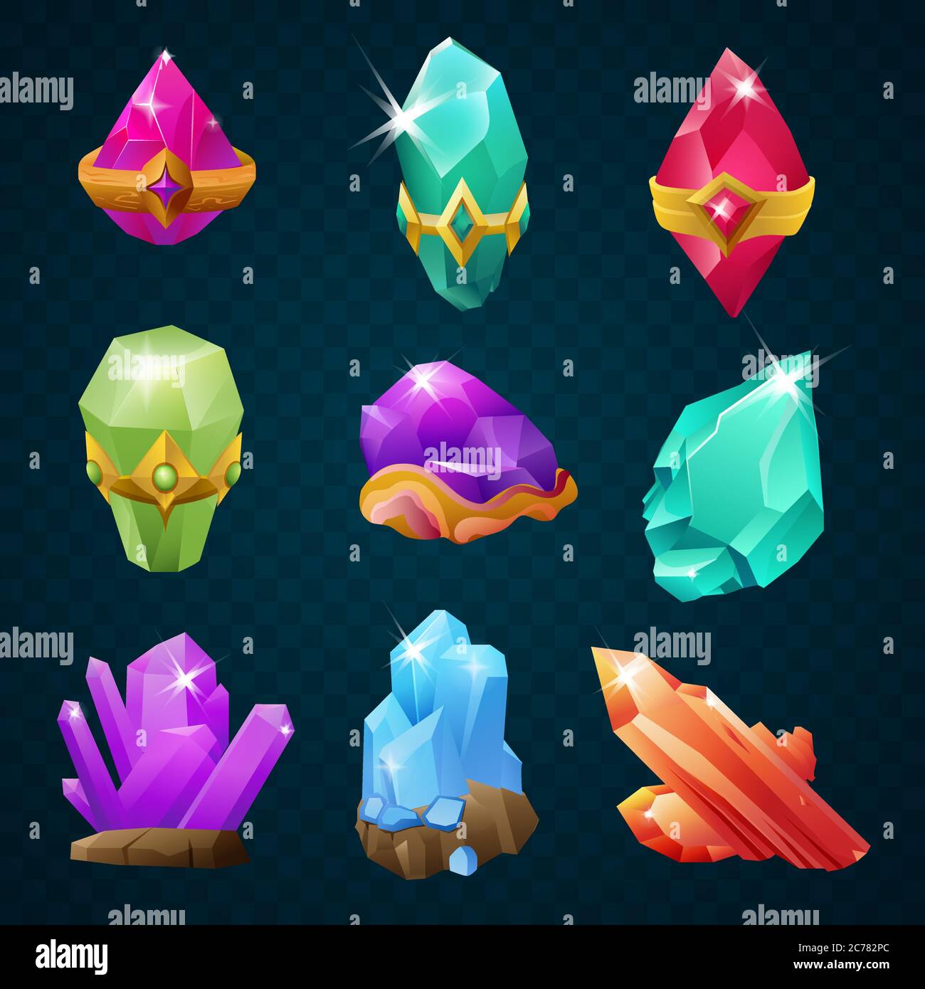 Set of colorful magic energy gems gemstones with amulets belt shapes. Vector game design. Stock Vector