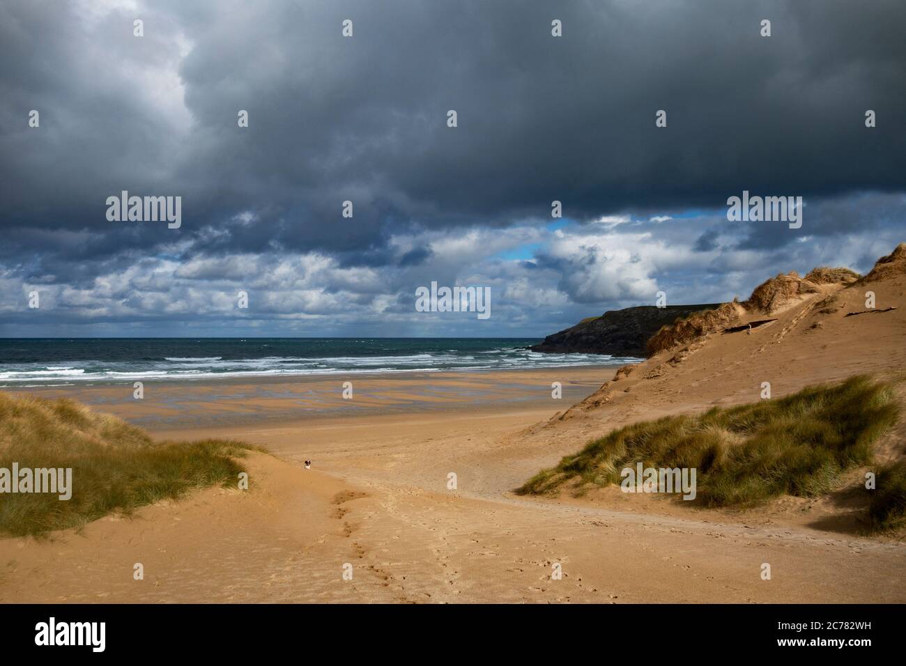 stormy sky over holywell bay near newquay in cornwall, england. Stock Photo