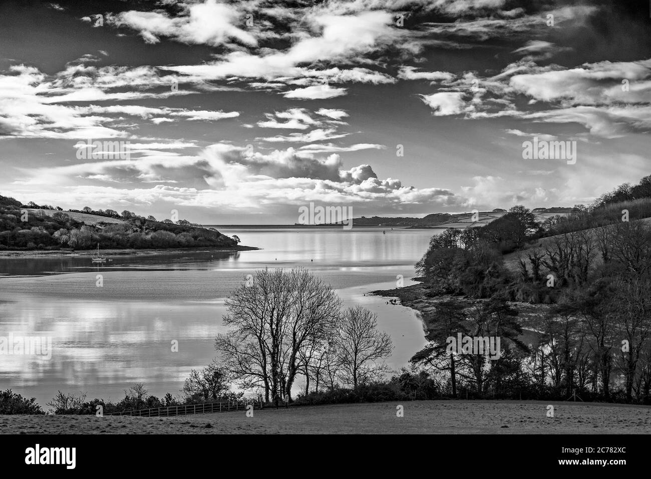 view over the carrick roads estuary on the river fal in cornwall, england. Stock Photo