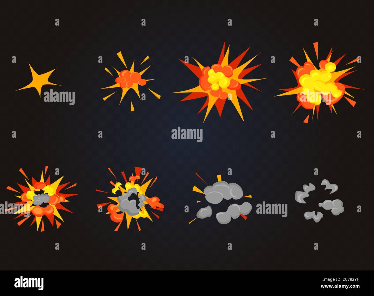 Top view of Vector Explosion effect, Bomb Boom. Cartoon explosion animation game frames Stock Vector