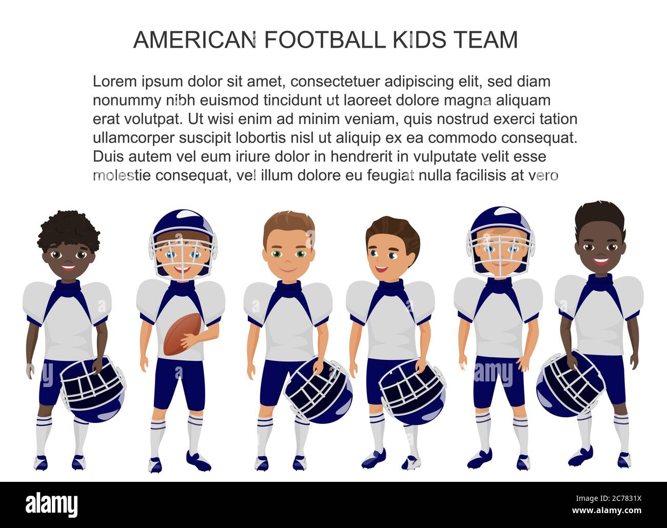 Vector Cartoon school american footbal kids child team in uniform isolated Stock Vector