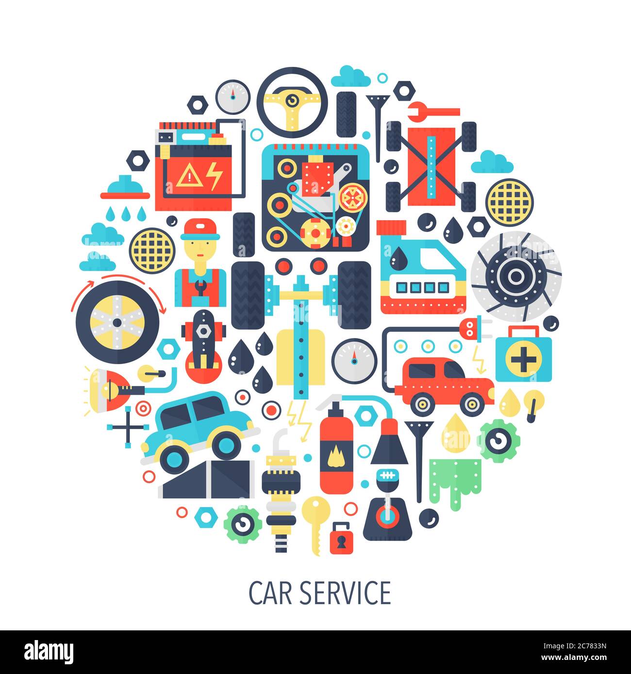 Car service flat infographics icons in circle color concept