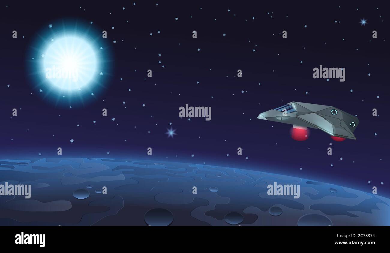 Vector illustration of spaceship flying over planet to blue star in ...