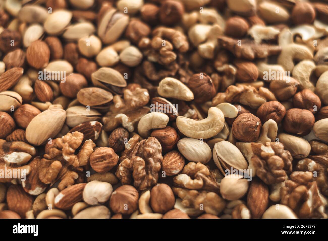 Different types of nuts, nut mix of almonds, hazelnuts, cashews