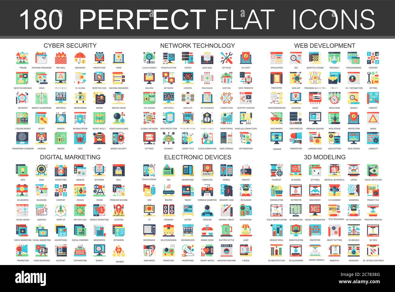 180 modern flat icons set of cyber security, network technology, web development, digital marketing, electronic devices, 3d modeling icons Stock Vector