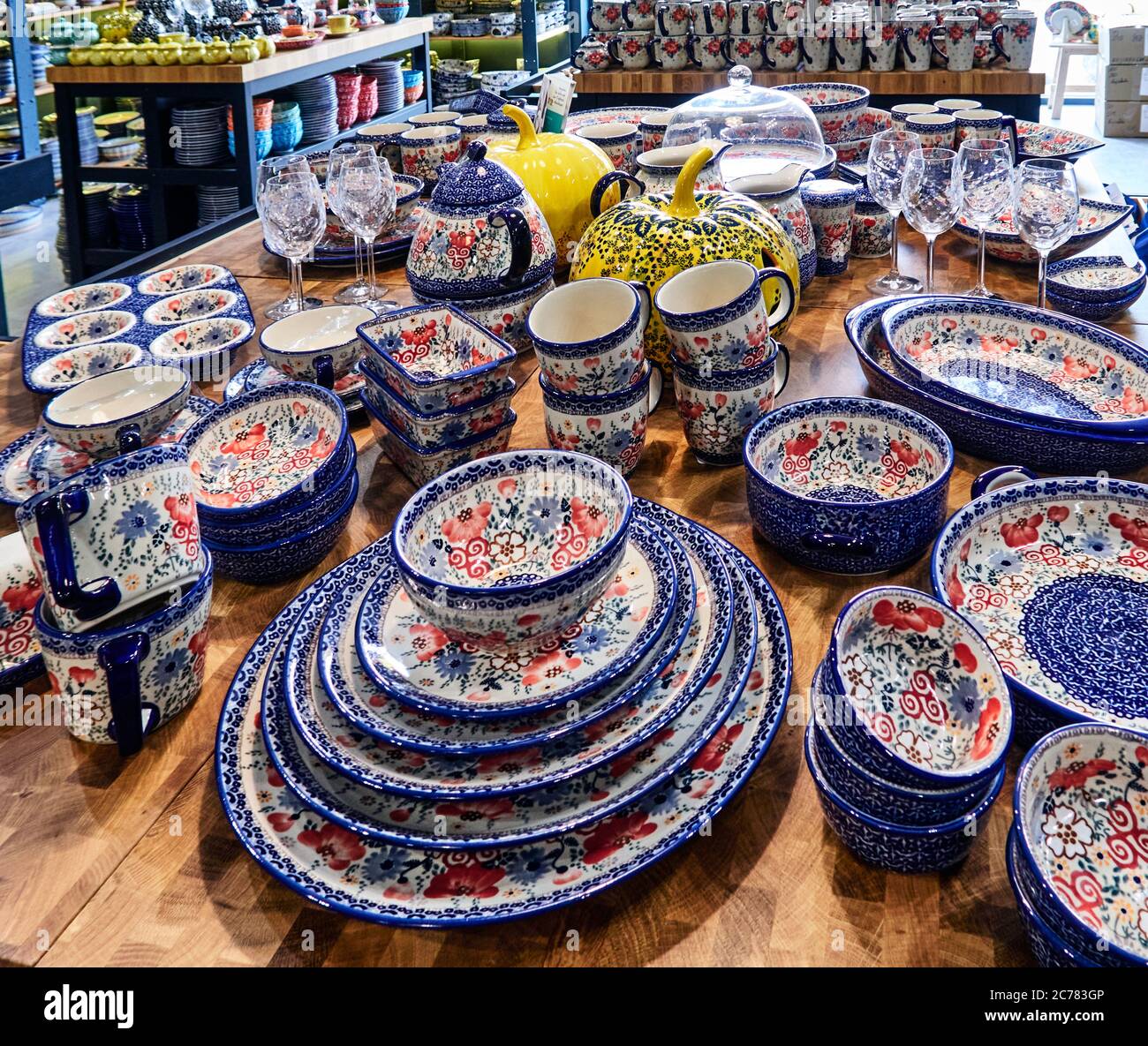 Boleslawiec, Lower Silesia, Poland. Traditional multi-colored Polish pottery in the tourist town of Boleslawiec in the store of Boleslawiec manufactory Stock Photo
