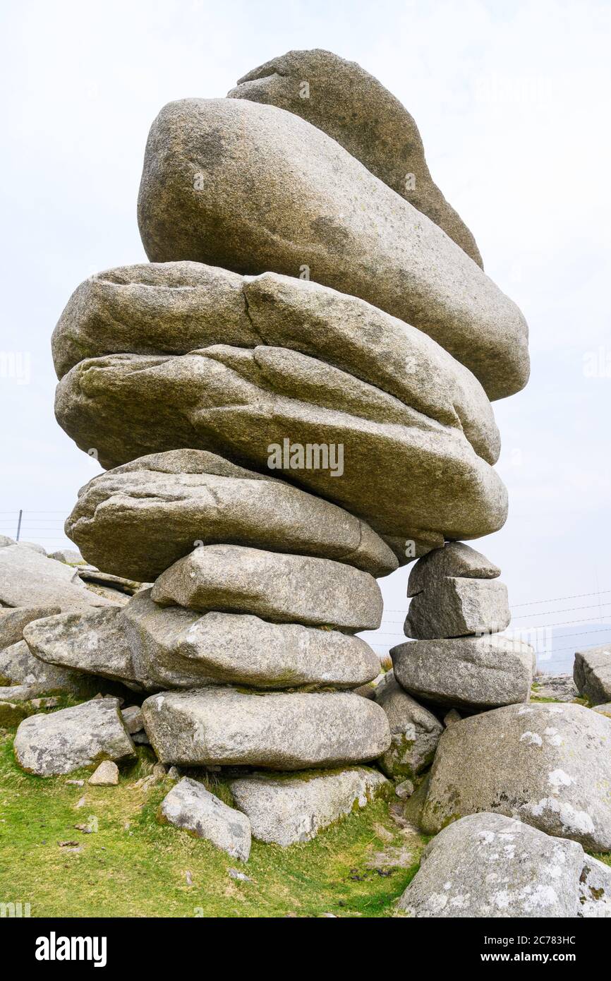 The Cheesewring is a natural granite rock formation formed by erosion.  Stowe's Hill, Bodmin Moor, Cornwall, England, UK. Stock Photo