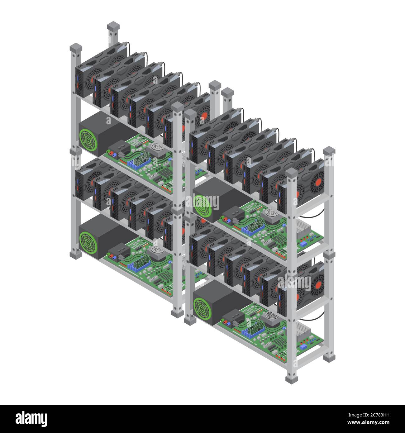 Isometric vector crypto currency mining farms concept with graphic video cards. Stock Vector