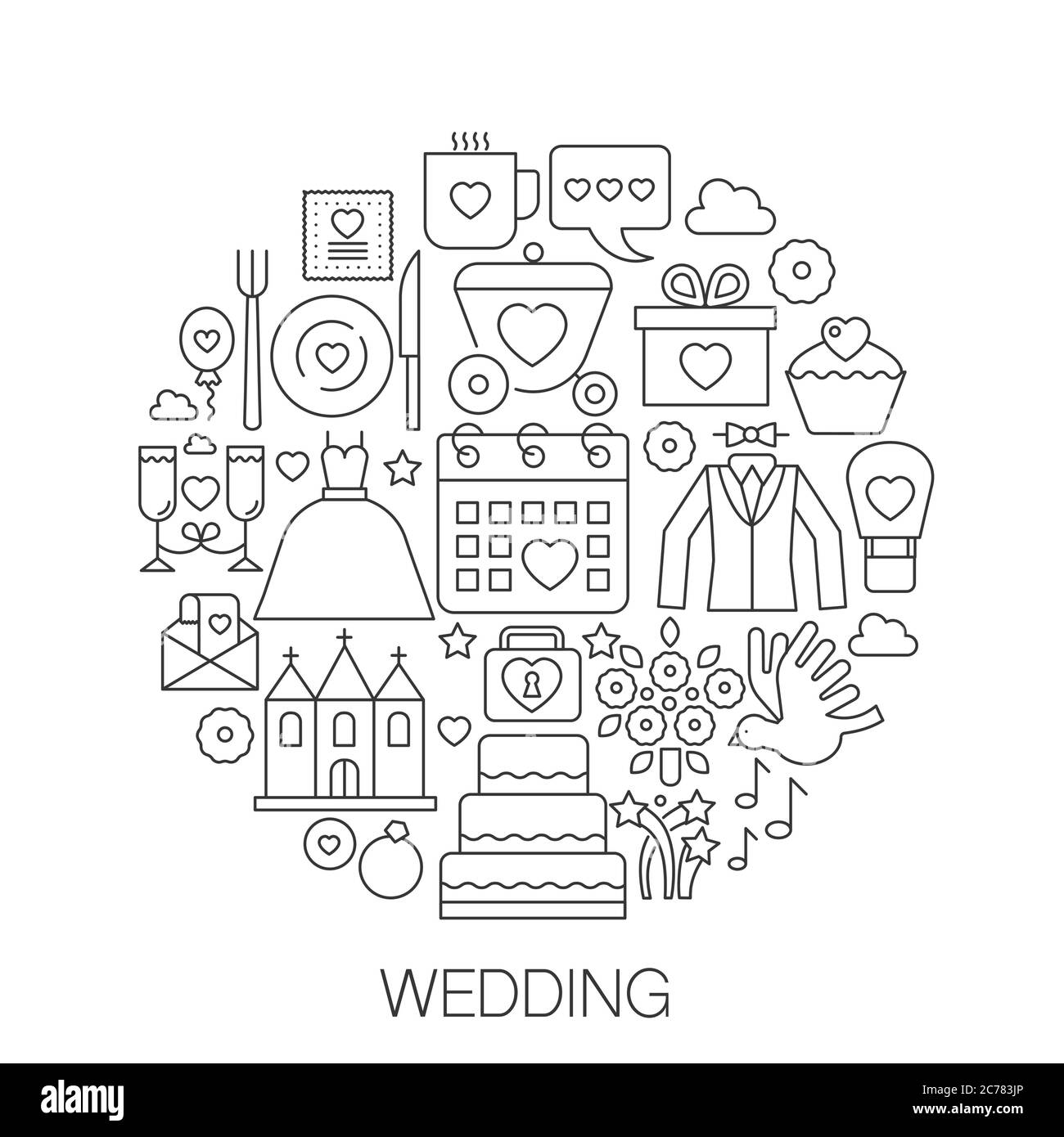 Wedding in circle - concept line illustration for cover, emblem, badge. Wedding thin line stroke icons. Stock Vector