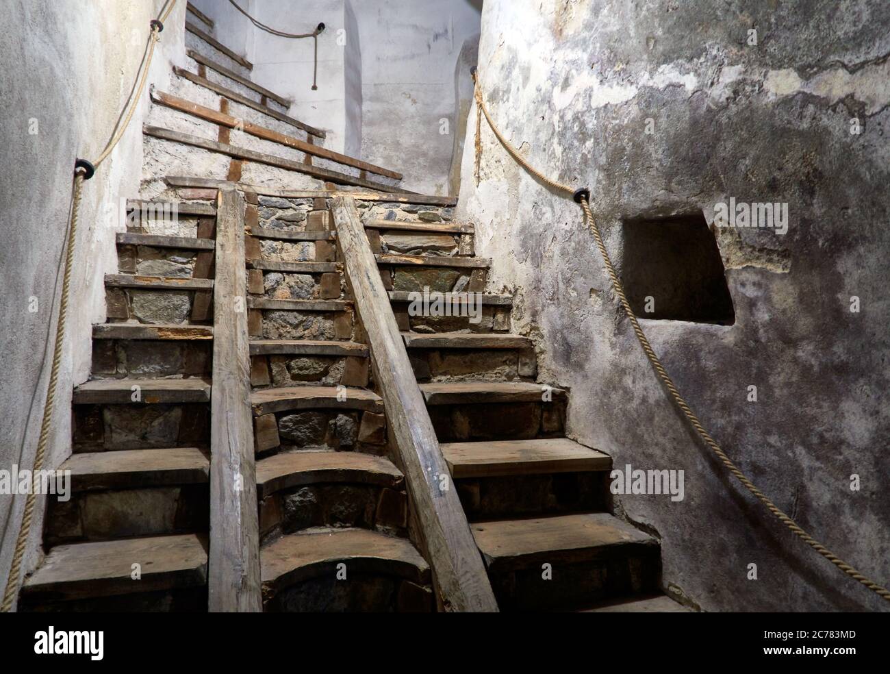 Poland, Czocha village, Luba&#x144, County, Lower Silesian    the typical staircase of the cellar of the castle specially adapted for the transport of wine barrelsThe Czocha castle  is a defensive castle in the village of Czocha, Origin of the stone castle dates back to 1329. Stock Photo