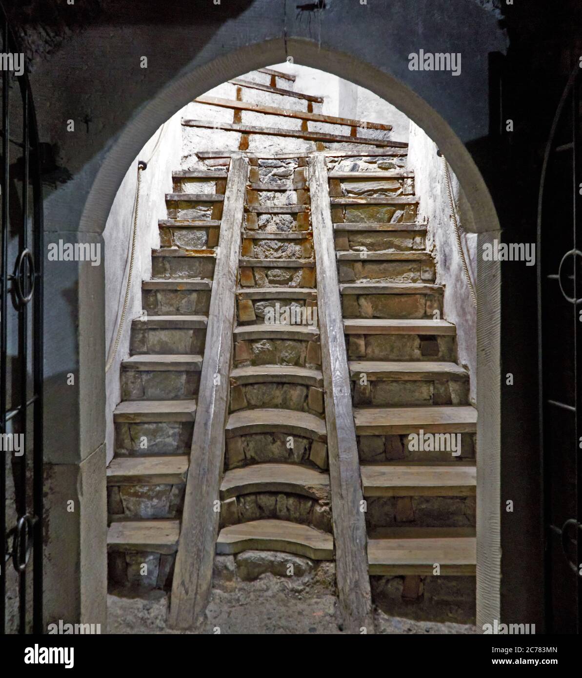 Poland, Czocha village, Luba? County, Lower Silesian    the typical staircase of the cellar of the castle specially adapted for the transport of wine barrelsThe Czocha castle  is a defensive castle in the village of Czocha, Origin of the stone castle dates back to 1329. Stock Photo