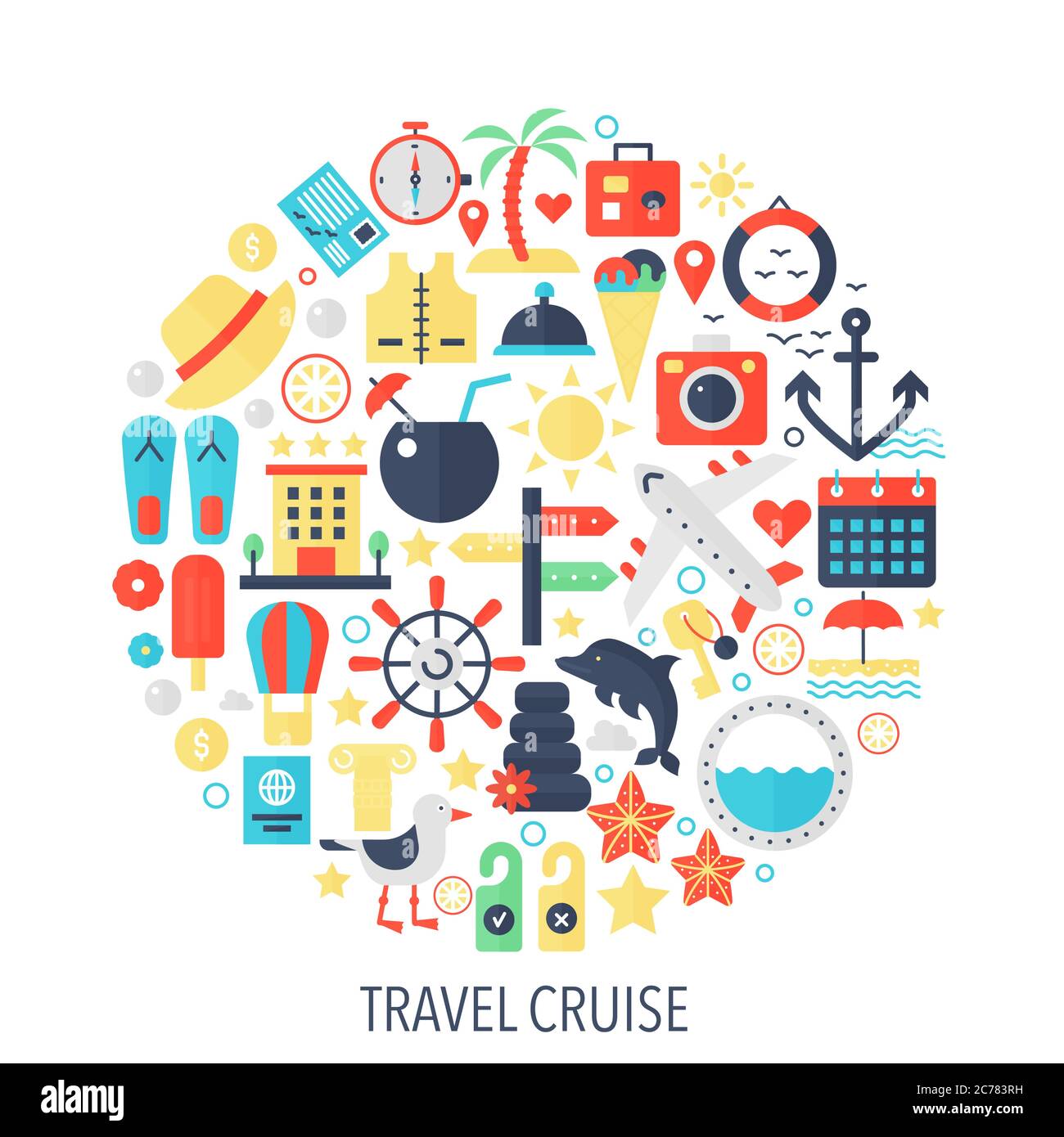 Travel cruise flat infographics icons in circle - color concept illustration for travel vacation cover, emblem, template. Stock Vector