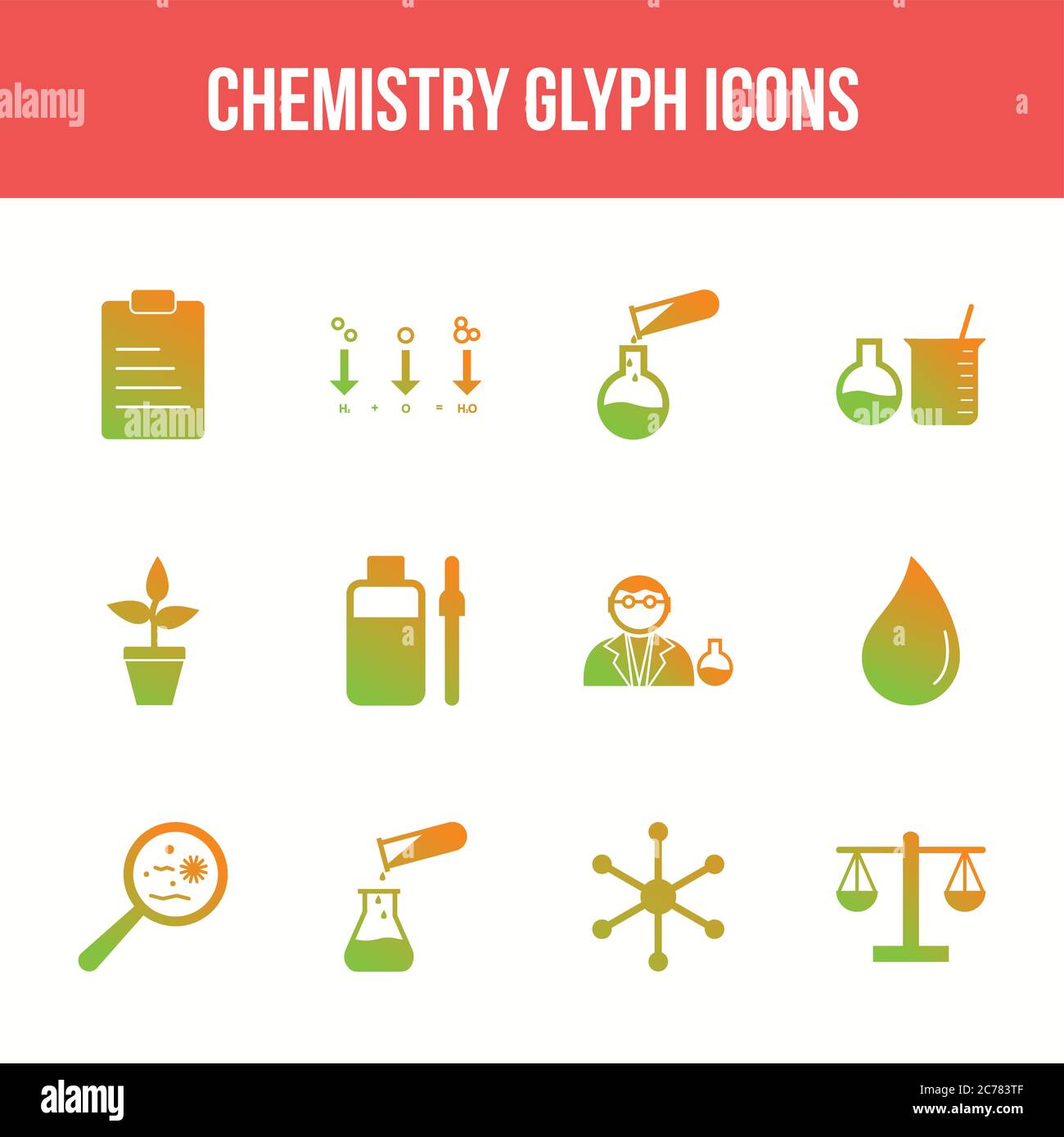 Unique chemistry vector glyph icon set Stock Vector