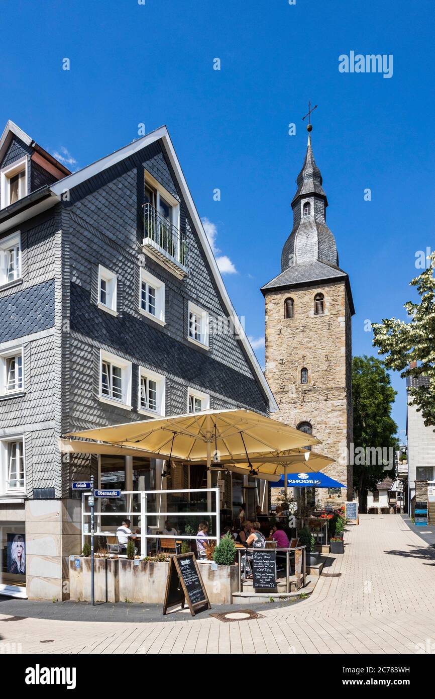 Historic centre with bell tower and slate covered building, Hattingen, Ruhr Area, North Rhine-Westphalia, Germany, Europe Stock Photo