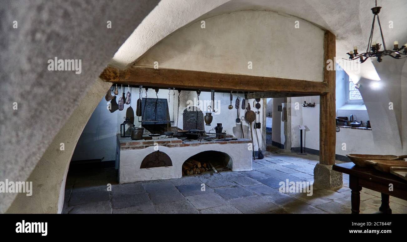 Poland, Lower Silesian,  in the village of Lomnica   the  basement kitchen of  the Lomnica Palace  Grand Gothic Palace  property of the Von Kuster family since 1835,  Origin of the stone castle dates back to 1391.The restored palace now houses a comfortable hotel, a restaurant and a 9 hectare park and it has regained all its beauty and splendor Stock Photo