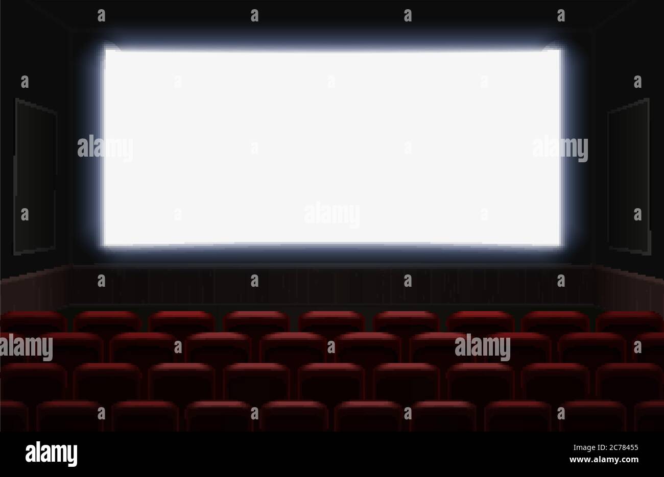 Interior of a cinema movie theatre with shiny white blank screen. Red cinema or theater seats in front of the screen. Empty Cinema auditorium background vector illustration Stock Vector