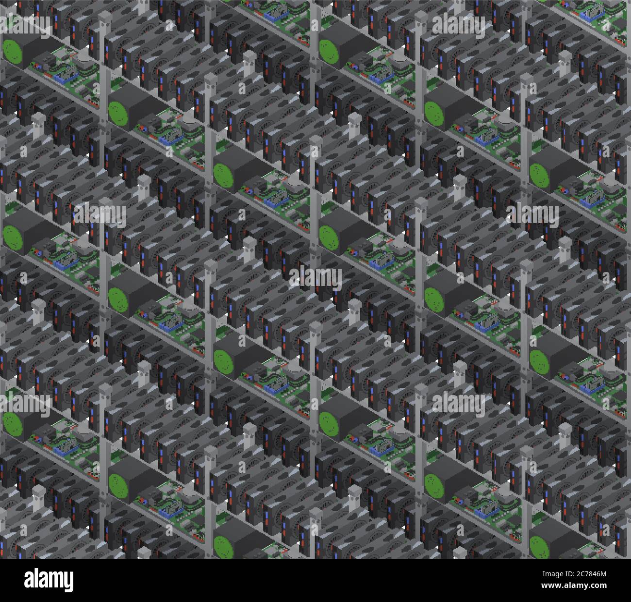 Isometric vector crypto currency mining farms seamless pattern Stock Vector