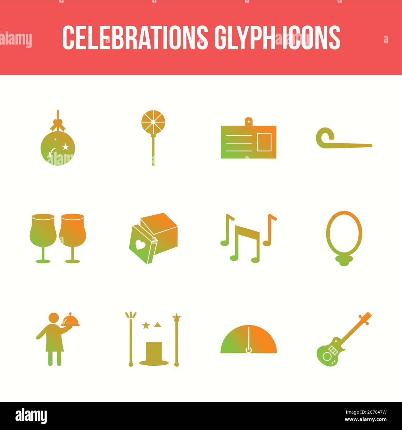 Unique celebration vector glyph icon set Stock Vector