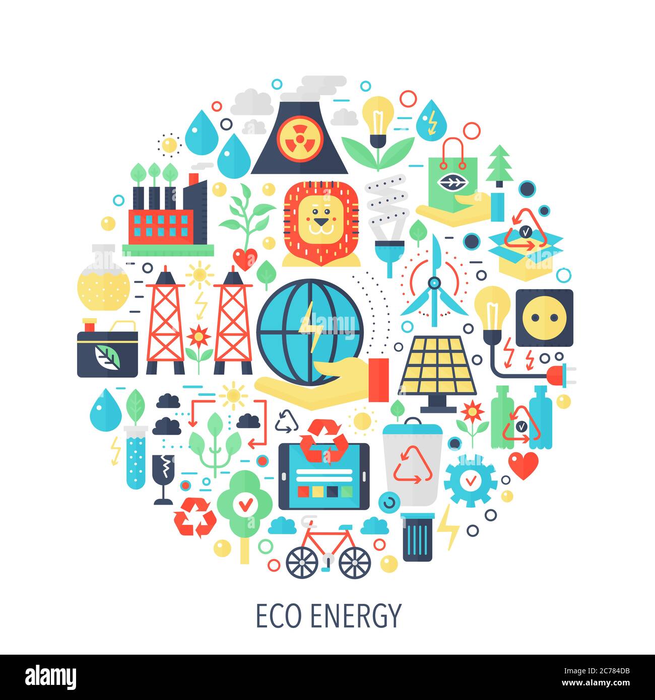 Eco green energy flat infographics icons in circle - color concept illustration for ecology cover, emblem, template Stock Vector
