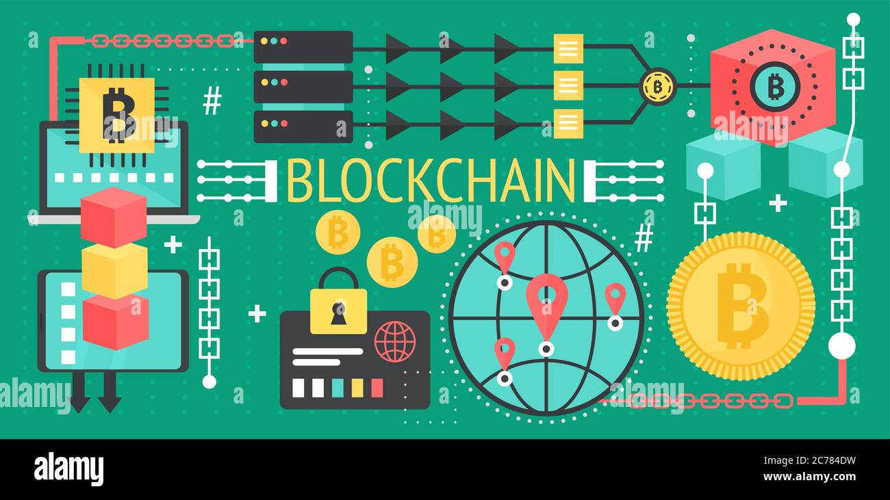Bitcoin, cryptocurrency and blockchain technology, laptop connected to a network of concepts Stock Vector