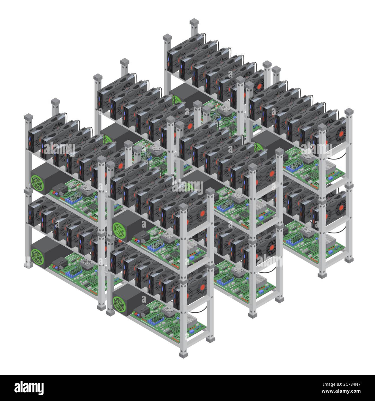 Several isometric vector crypto currency mining farms concept with graphic video cards. Stock Vector