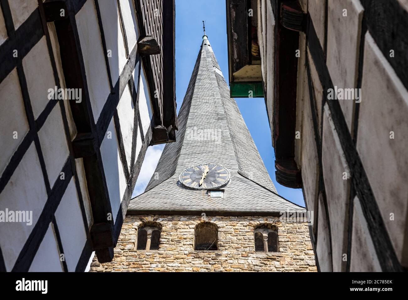 Historic centre with half-timbered houses and the spire of the church of St Georg, Hattingen, Ruhr Area, North Rhine-Westphalia, Germany, Europe Stock Photo