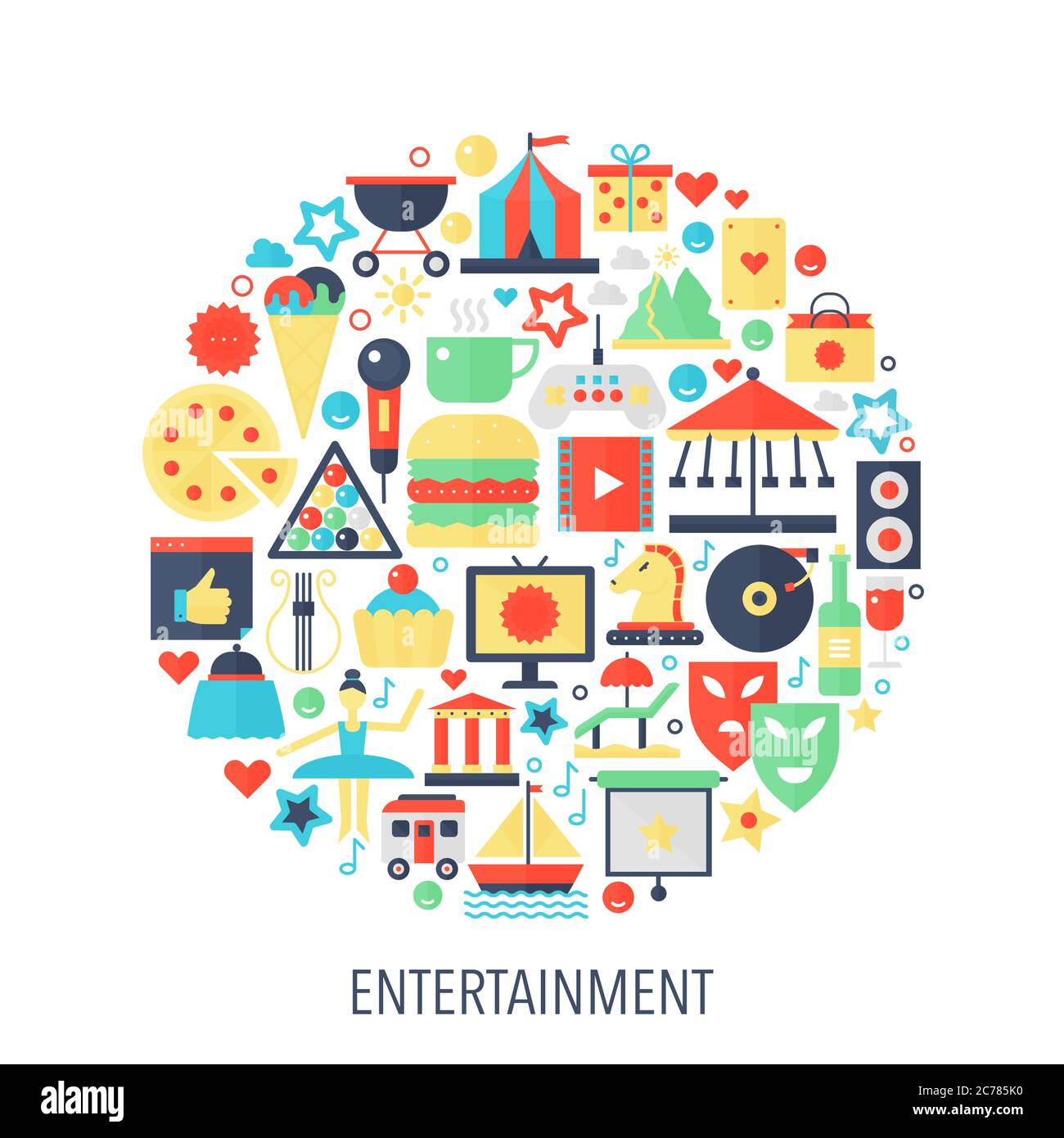 Entertainment infographics icons in circle color concept illustration for cover, emblem