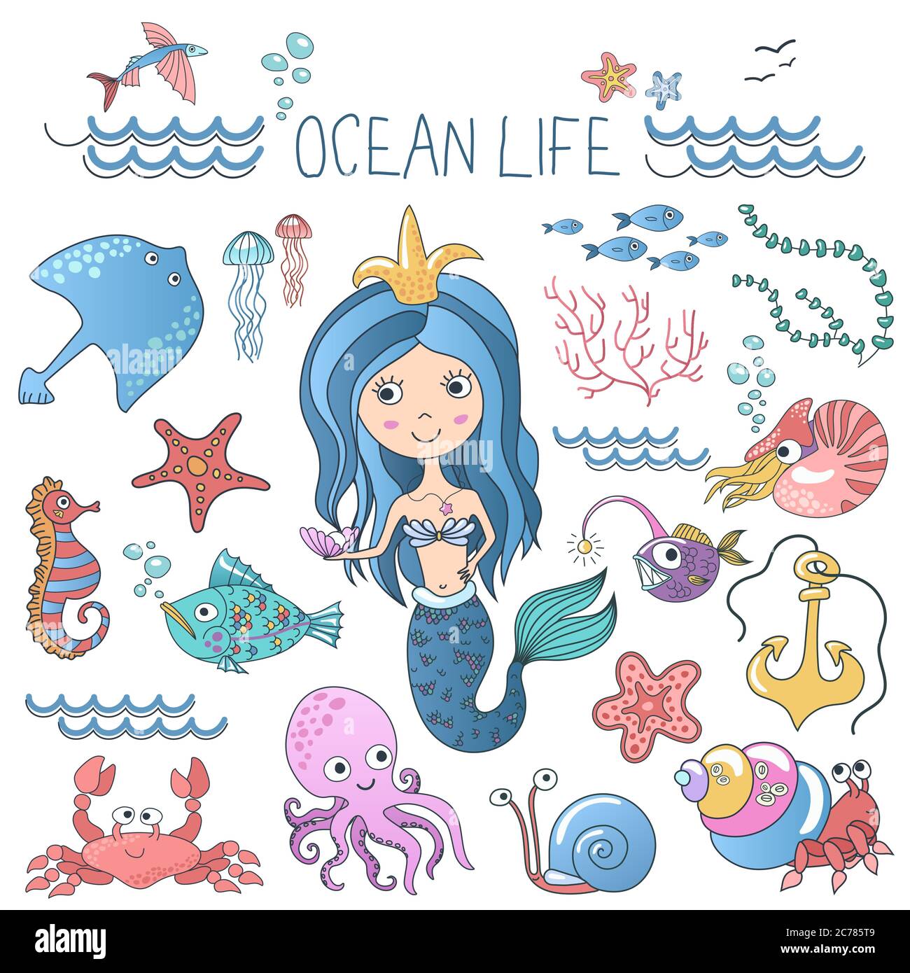 Marine life illustrations set. Little cute cartoon mermaid princess ...