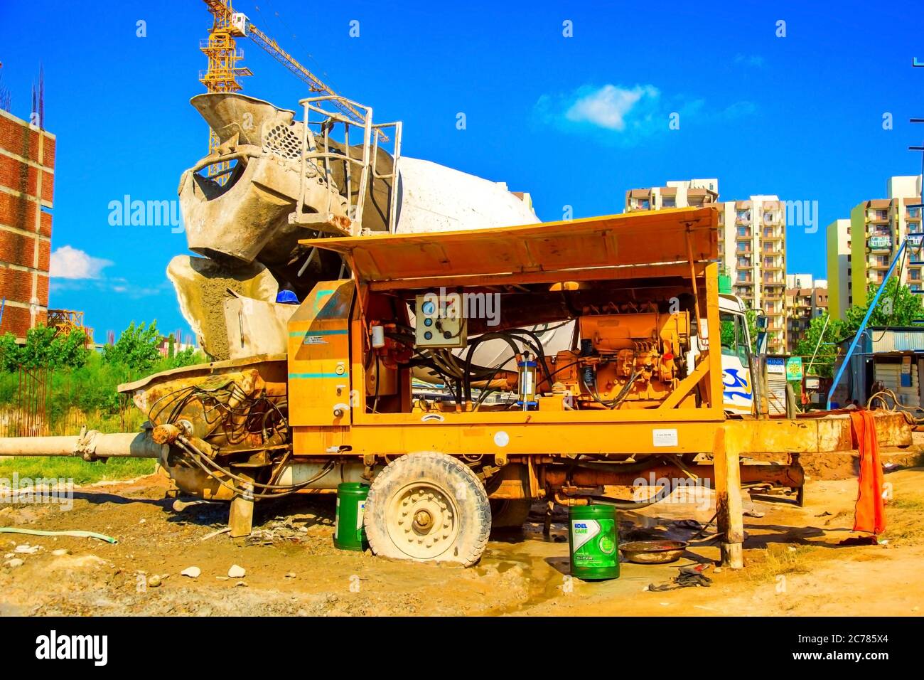 cement mixer working near the big construction area Stock Photo