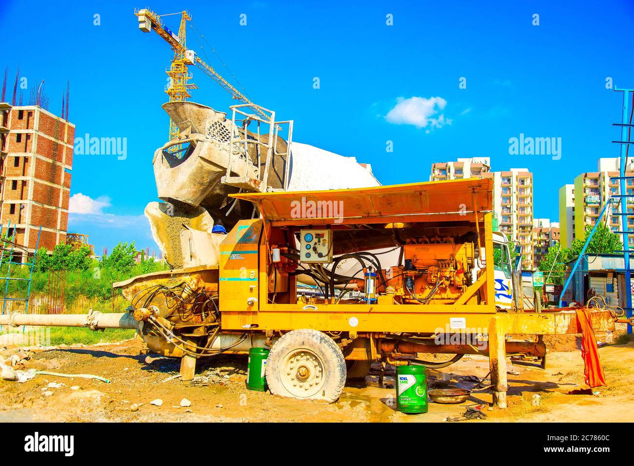 Delhi, India - October 2018: cement mixer working near the big constructions area in Delhi Stock Photo