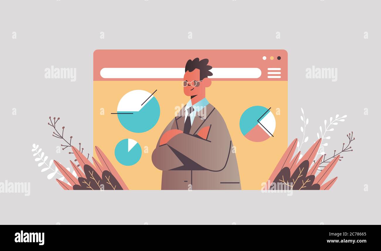 businessman analyzing graphs during video call business man making presentation online training web meeting communication concept portrait horizontal vector illustration Stock Vector