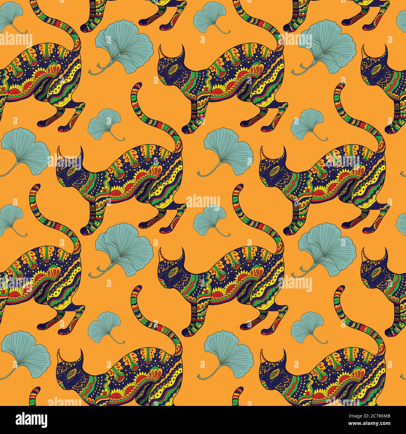 Seamless pattern with ornamental psychedelic cat, Stock Vector
