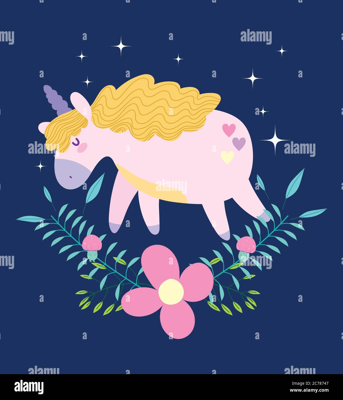 little unicorn flowers fantasy magic cartoon dark background vector ...