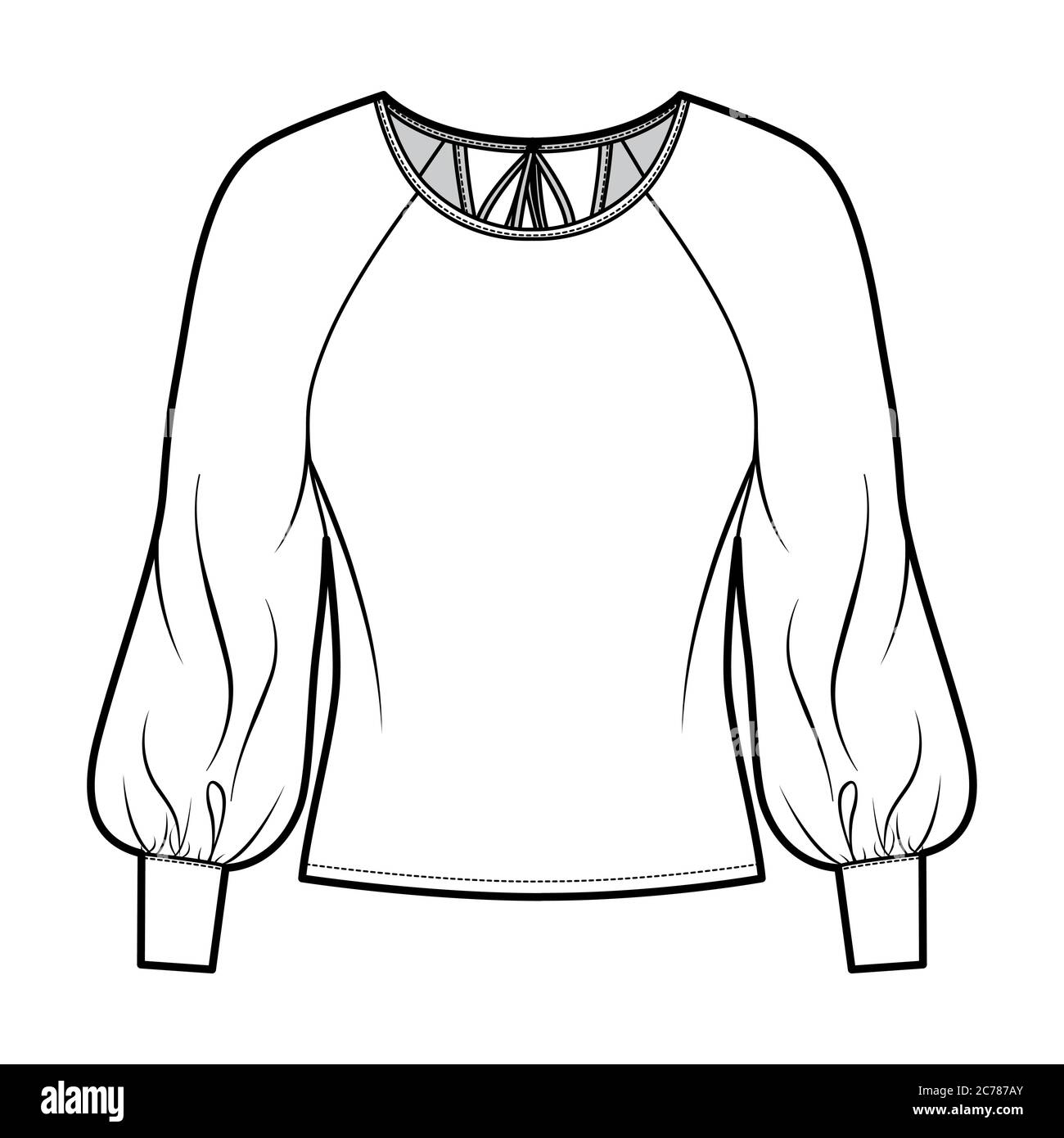 Blouse technical fashion illustration with wide round neck, exaggerated balloon raglan sleeves. sleeves, ties at back. Flat apparel shirt template front, white color. Women men unisex top CAD Stock Vector