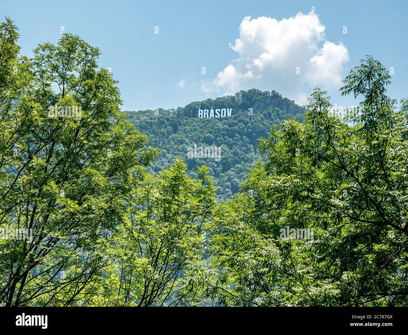 Brasov written with big letters on Mount Tampa. Stock Photo