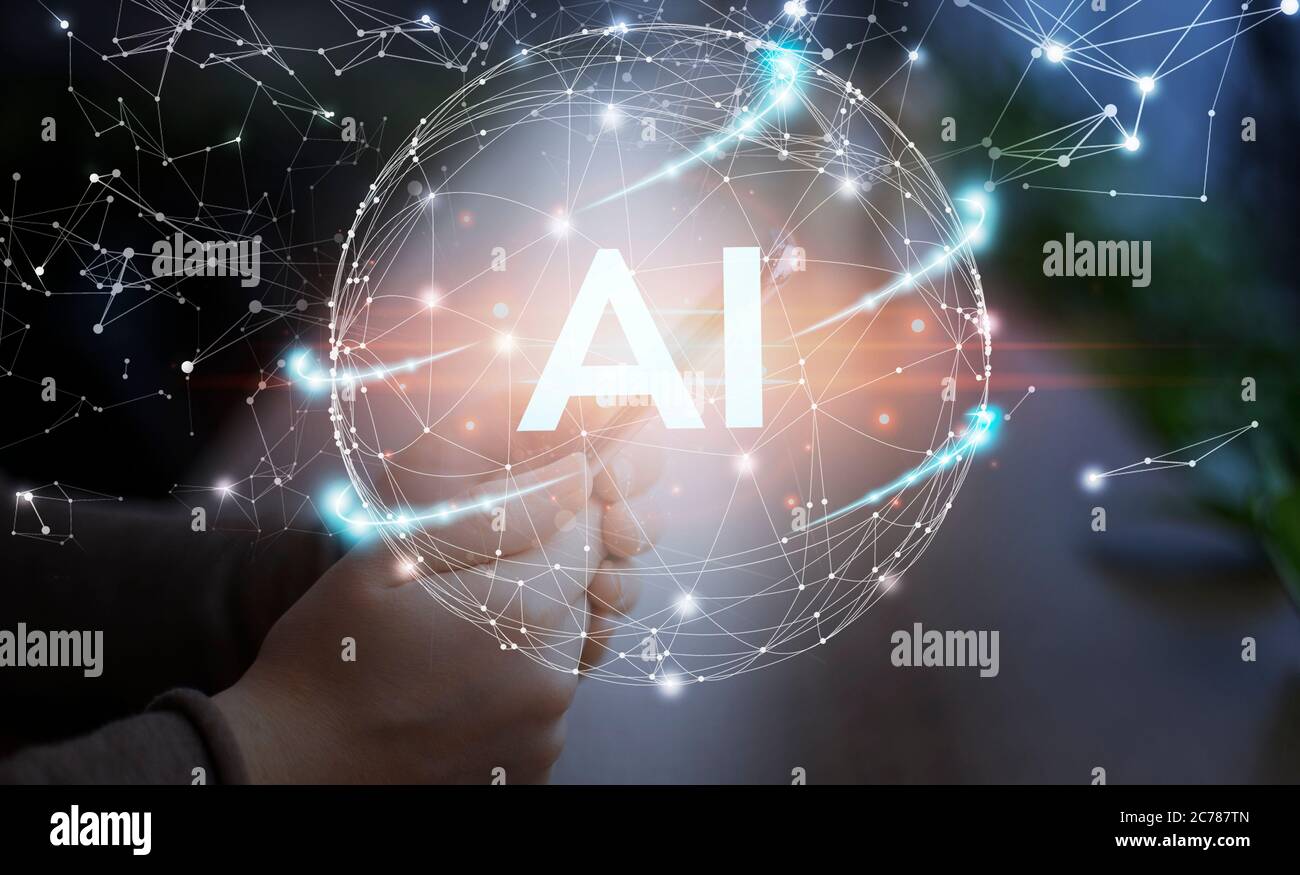 Globe with AI lettering over unrecognizable person using smartphone Stock Photo