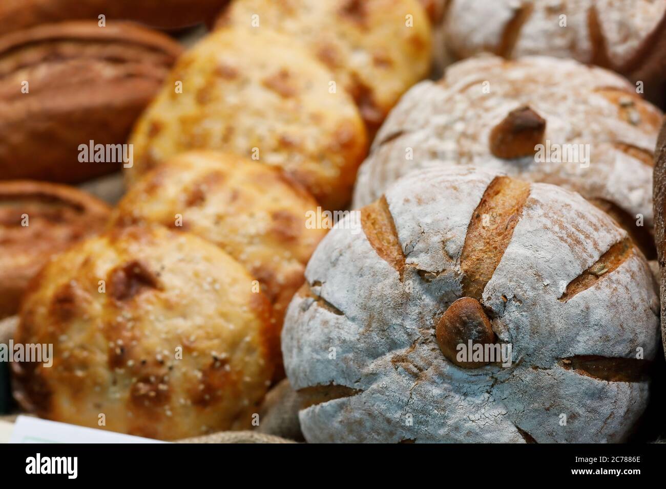 Different types of bread on the bakery shelf. Selective focus. Stock Photo