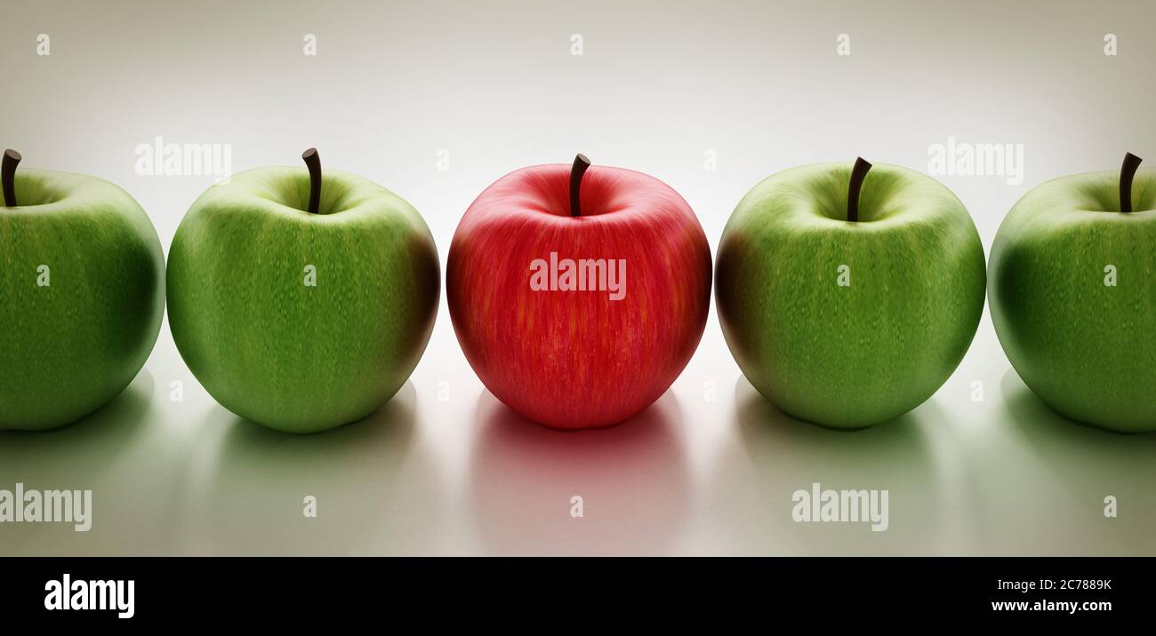 Red apple standing out from green apples. 3D illustration. Stock Photo