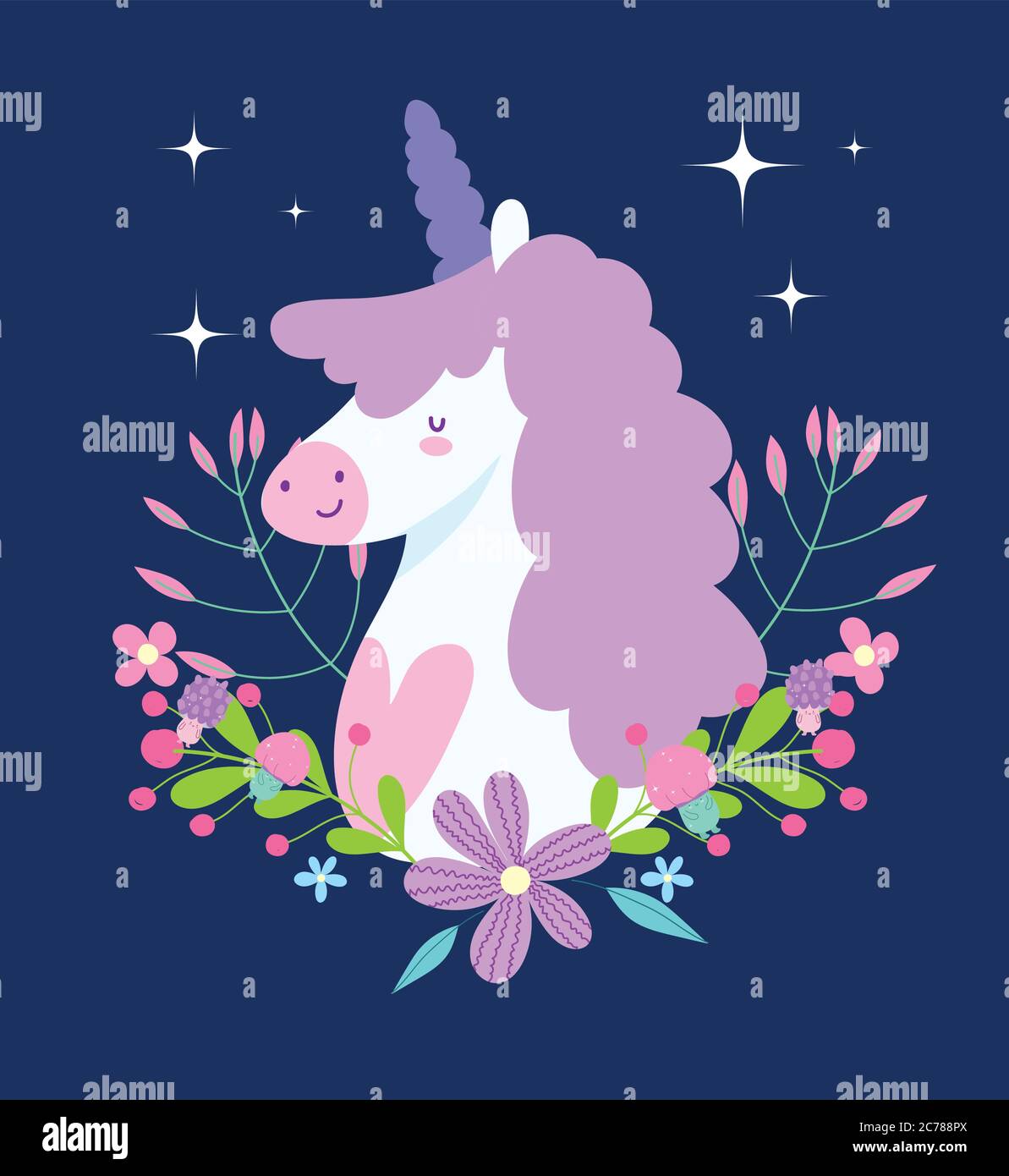 little unicorn flowers fantasy magic animal cartoon dark background ...