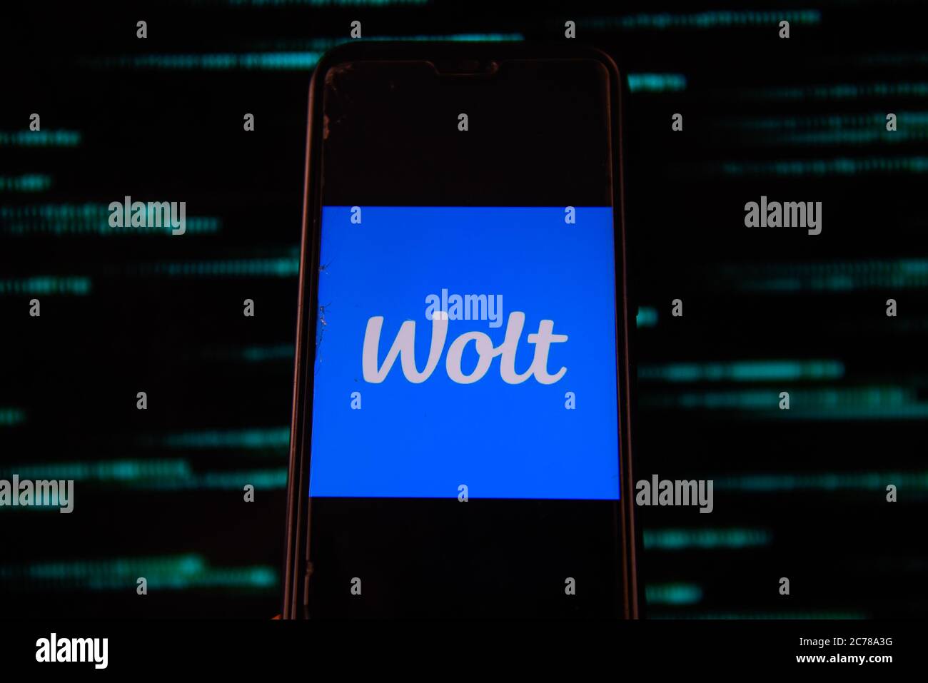 July 15, 2020, Poland: In this photo illustration a Wolt logo is seen displayed on a smartphone. (Credit Image: © Omar Marques/SOPA Images via ZUMA Wire) Stock Photo