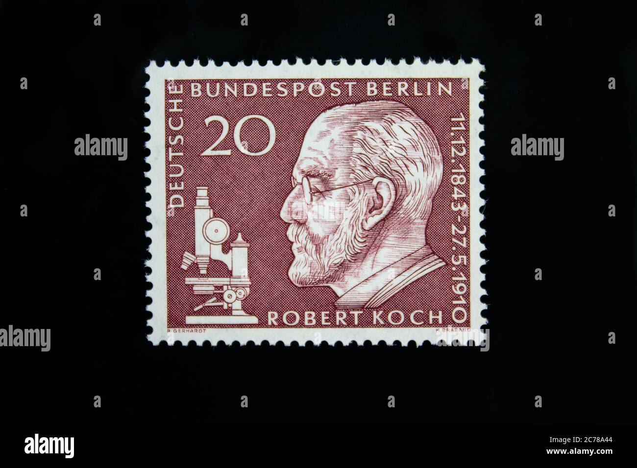 Postage stamp from FRG Berlin. 50th anniversary of Robert Koch's death. Printed May 27, 1960 Stock Photo